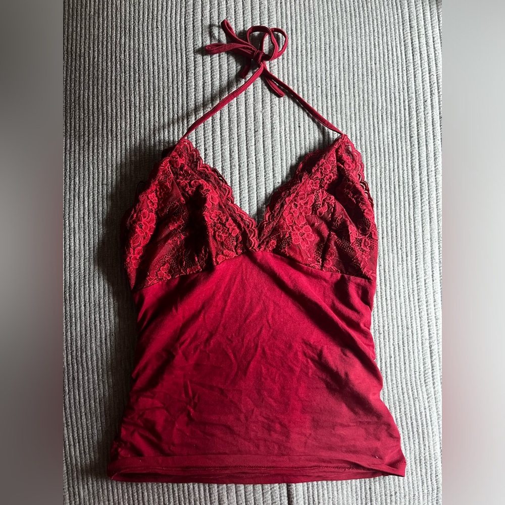 Red Lace Halter Top Romwe